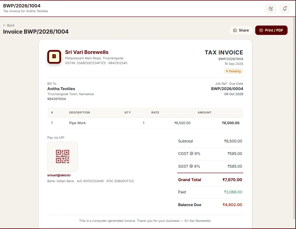 GST tax invoice in BorewellPro