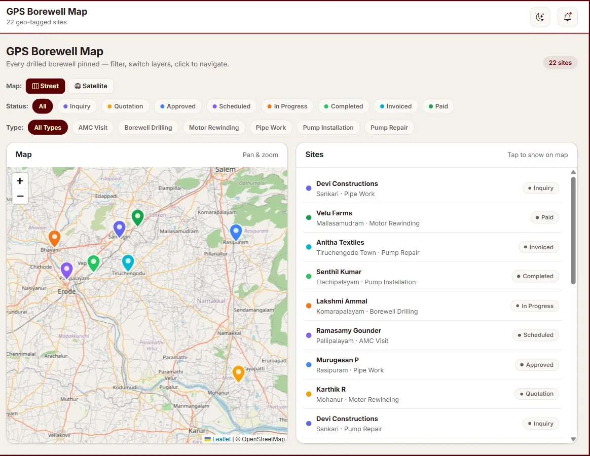 GPS map of borewell job sites